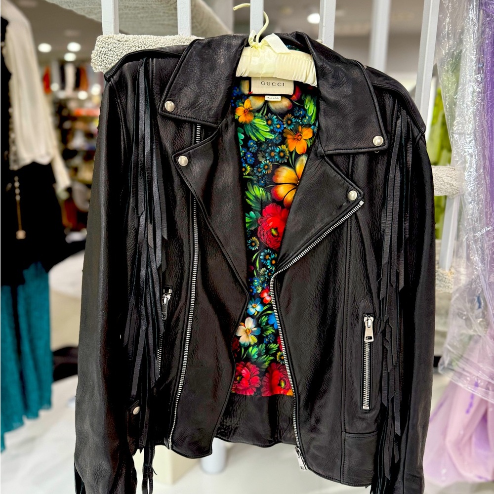 GUCCI AUTHENTIC Stunning Black leather fringed moto jacket